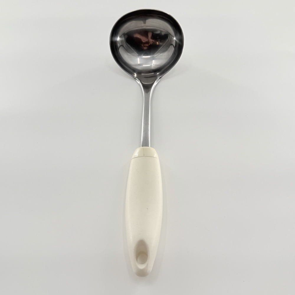 Vintage Pyrex Stainless Steel Soup Ladle White Handle Made in USA 11.5" 80s/90s
